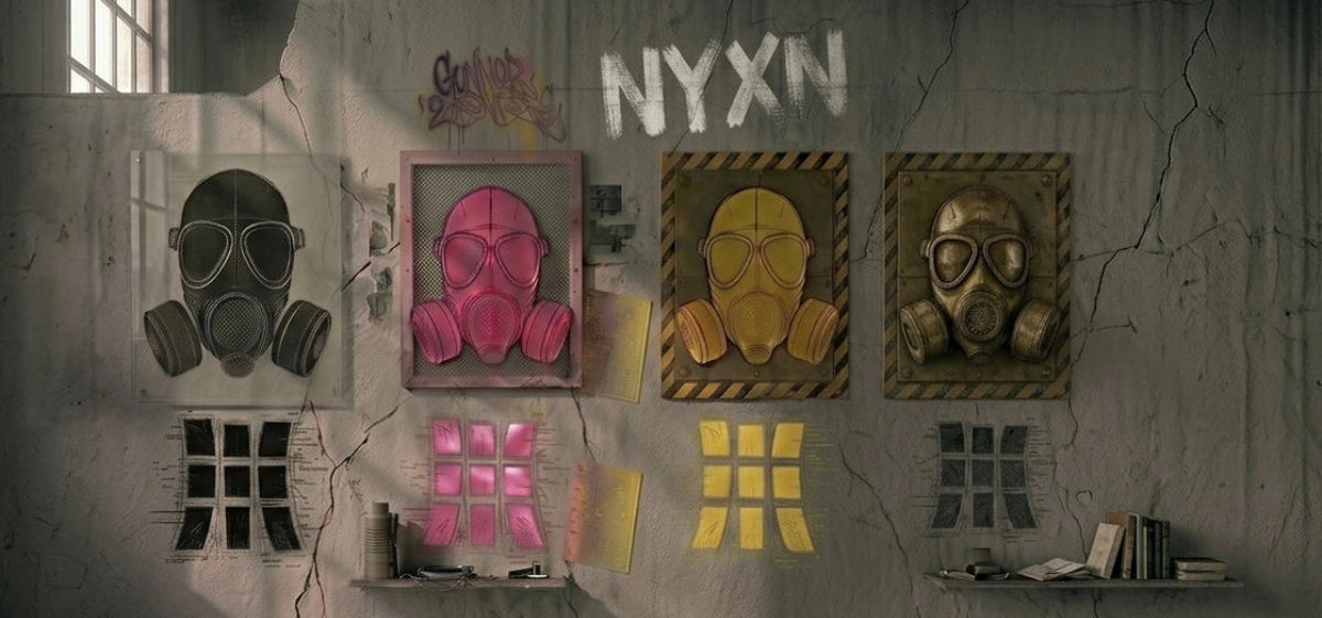 Four framed gas mask artworks in black, pink, yellow, and metallic bronze hung on a weathered concrete wall with NYXN painted above, accompanied by matching grid schematics.